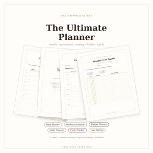 Könnte beinhalten: Ein Set aus druckbaren Planerseiten mit dem Titel The Ultimate Planner, das Abschnitte für Mahlzeiten, Bewegung, Finanzen, Gewohnheiten und Zyklus enthält. Die Seiten umfassen einen monatlichen Zyklus-Tracker, Wochenpläne und verschiedene Vorlagen.