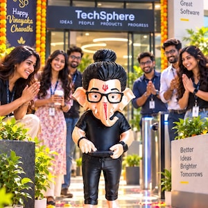 May include: A figurine of the deity Ganesha styled as a modern professional, wearing black glasses, a black t-shirt, and black pants, standing on a black base. The figure has a top knot hairstyle, a red symbol on the forehead, and holds a small device.