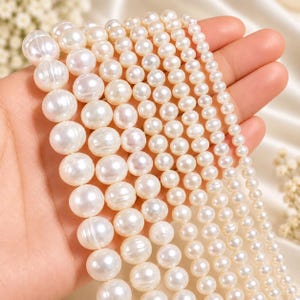 May include: A collection of white freshwater pearl strands arranged in a gradient from large to small sizes. The pearls exhibit a natural luster and round to near-round shapes, displayed in multiple parallel rows showing varying diameters.