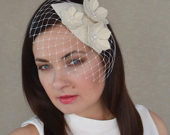 Bridal Felt Flower Fascinator with Birdcage Veil - Off White Fascinator - Cream Cocktail Hat - Ivory Wedding Hat - Ivory Cocktail Hat