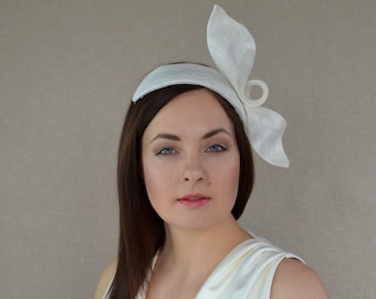 Ivory Sinamay Straw Fascinator with Birdcage Veil  - Ivory Fascinator - Ivory Cocktail Hat - Ivory Bandeau Fascinator  - Christening Hat