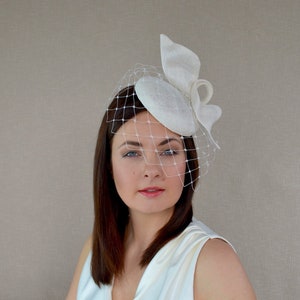 Ivory Bridal Pillbox Hat with Birdcage Veil  - Ivory Fascinator - Bridal Hat -Ivory Cocktail Hat - Wedding Hat - Ascot Hat - Christening Hat