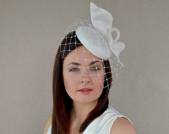 Ivory Bridal Pillbox Hat with Birdcage Veil  - Ivory Fascinator - Bridal Hat -Ivory Cocktail Hat - Wedding Hat - Ascot Hat - Christening Hat