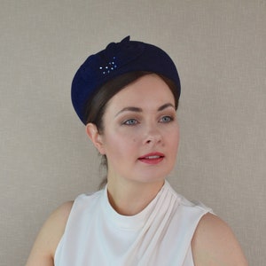Navy Blue Velour Felt Pillbox Hat with Swarovski - Dark Blue Pillbox Hat - Navy Cocktail Hat - Jacqueline Hat - Navy Porkpie Hat