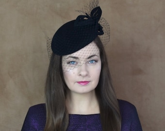 Black Felt Pillbox Hat with Birdcage Veil and Leaves - Black Pillbox Hat with Veil - Black Hat - Black Fascinator Hat - Black Cocktail hat