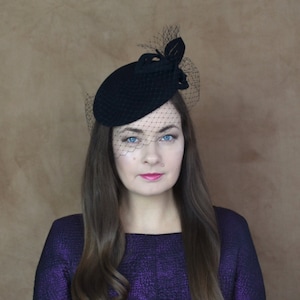 Black Felt Pillbox Hat with Birdcage Veil and Leaves - Black Pillbox Hat with Veil - Black Hat - Black Fascinator Hat - Black Cocktail hat