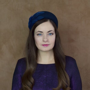 Navy Blue Felt Headband with Feathers  - Navy Fascinator - Navy Headband - Blue Fascinator - Ascot Hat - Navy headband - Blue Headband