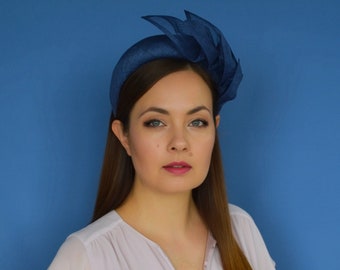 Navy Blue Straw Headband  - Navy Fascinator - Navy Halo Headband - Blue Fascinator - Ascot Hat - Christening Hat - Blue Headband