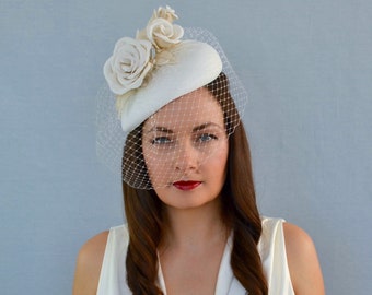 MAIA - Crepe Silk Bridal Pillbox Hat with Roses - Wedding hat - Christening Hat - Teardrop Pillbox hat - Bridal Fascinator Hat - Bridal Hat