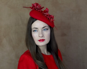 Red Felt Teardrop Shaped Hat with Leather Flowers  - Red Pillbox Hat - Bright Red Cocktail Hat - Valentine's Day Hat - Red Fascinator Hat