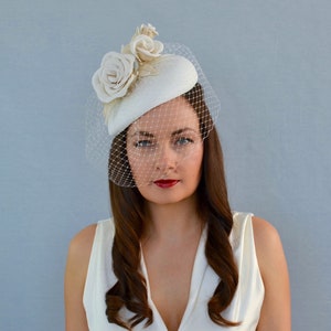 MAIA - Crepe Silk Bridal Pillbox Hat with Roses - Wedding hat - Christening Hat - Teardrop Pillbox hat - Bridal Fascinator Hat - Bridal Hat