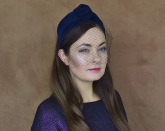 Navy Blue Velour Felt Headband With Removable Birdcage Veil - Etsy