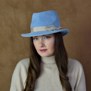Light Blue Felt Fedora Hat with Leather Bow - Women&#39;s Fedora Hat - Fedora Hat - Winter Hat - Felt Fedora Hat - Blue Fedora Hat