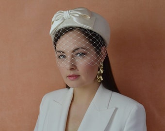 CHRISTA - Classic Ivory Straw Pillbox Hat with Silk Bow and Birdcage Veil - Ivory Pillbox Hat - Wedding Pillbox Hat - Christening Hat