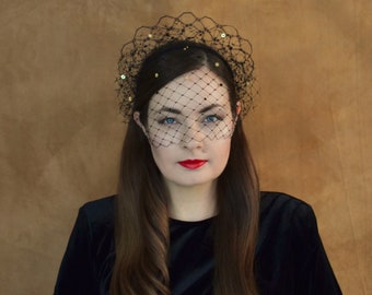 Black Birdcage Veil with Gold Sequins - Black Fascinator - Black Birdcage Veil - Black headband - Black Veil - New Year's Eve party