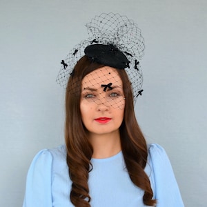Black Straw Pillbox Hat with Velvet Bows and Birdcage Veil - Black Fascinator Hat - Black Cocktail Hat - Black Fascinator Hat with Veil
