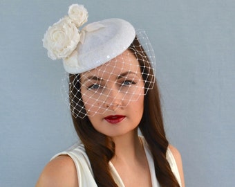 Bridal Pillbox Hat with Birdcage Veil and Rose - 50s wedding hat - Christening Hat - Ivory Fascinator - Bridal Hat with Birdcage Veil