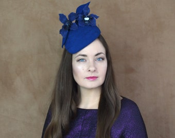 Classic Blue Felt Teardrop Shaped Pillbox Hat with Orchids - Blue Cocktail Hat - Blue Pillbox Hat - Spring Races Hat - Classic Blue Hat