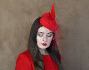 Red Felt heart Shaped Hat with Birdcage Veil  - Red Pillbox Hat - Bright Red Cocktail Hat - Valentine's Day Hat - Red Fascinator Hat