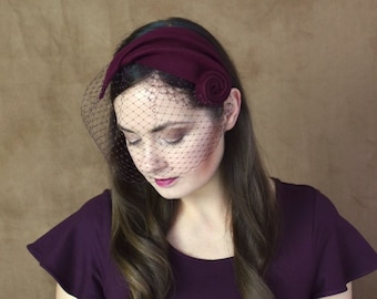 Burgundy Felt Fascinator with Birdcage Veil - Dark Red Fascinator - Burgundy Cocktail Hat with Veil - Red Fascinator Hat - Removable Veil