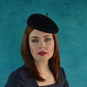Black Pillbox Hat with Swarovski Stem - Black Beret - Black Cocktail Hat - Black Fascinator Hat - Black Mini Beret - Black Fascinator