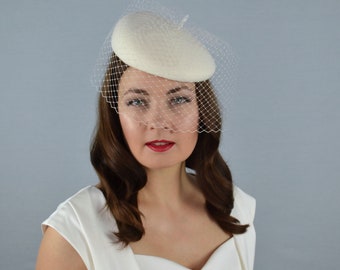 Ivory Bridal Beret Hat with Birdcage Veil and Swarovski Stem - Wedding Hat - Bridal Hat - Bridal Beret - Christening Hat - Ivory Beret Hat