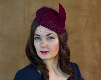 Burgundy Wool Felt Pillbox Hat with Leaf Detail and Birdcage Veil - Burgundy Hat - Wine Pillbox Hat - Red Cocktail hat - Birdcage Veil Hat