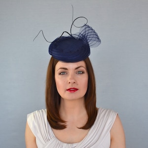 Navy Blue Pillbox Hat with Pleated Crin and Quills - Navy Blue Pillbox Hat - Navy Cocktail Hat - Races Hat - Navy Fascinator Hat