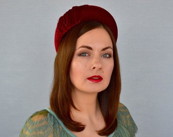 Deep Red Velvet Headband with Veil - Deep Red Headband - Red Velvet Headband - Red Fascinator - Red Headband - Bridal Headband