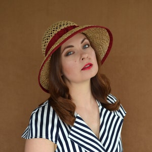 Summer Straw Hat with Red Pleated Ribbon - Sun Hat - Summer Hat - Wide Brim Hat - Elegant Summer Hat - Straw Cloche - Garden Party Hat
