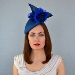 Classic Blue Pillbox Hat with Silk Flowers - Classic Blue Pillbox Hat - Mother of the Bride Hat - Ascot Hat - Blue Fascinator Hat