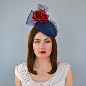 EMERY - Navy Blue Pillbox Hat with Red Rose and Pleated Crin - Navy Blue Pillbox Hat - Mother of the Bride Hat - Races Hat - Fascinator Hat