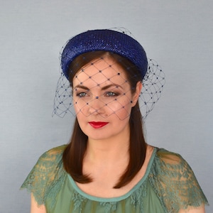 Dark Blue Straw Pillbox Hat with Birdcage Veil - Blue Fascinator - Blue Cocktail Hat - Church Hat - Races Hat - Dark Blue Hat