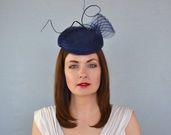 Navy Blue Pillbox Hat with Pleated Crin and Quills - Navy Blue Pillbox Hat - Navy Cocktail Hat - Races Hat - Navy Fascinator Hat