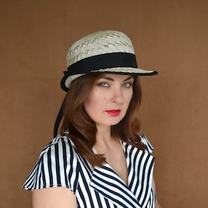 Summer Straw Bowler Hat with Black Ribbon - Sun Hat - Summer Hat - Bowler Hat - Elegant Summer Hat - Straw Cloche - Garden Party Hat - Cap
