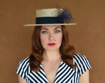 Straw Boater Hat with Navy Ribbon and Pom-pom - Sun Hat - Summer Hat - Boater Hat - Elegant Hat - Straw Boater Hat - Kentucky Derby Hat