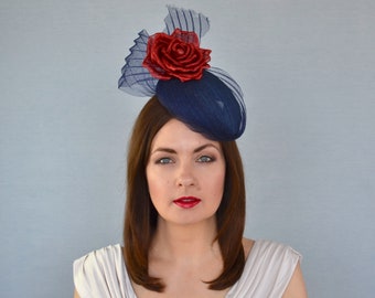 EMERY - Navy Blue Pillbox Hat with Red Rose and Pleated Crin - Navy Blue Pillbox Hat - Mother of the Bride Hat - Races Hat - Fascinator Hat