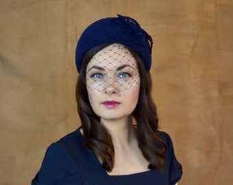 Navy Blue Velour Felt Headband with Removable Birdcage Veil - Navy Fascinator - Navy Headpiece - Halo Headband - Wedding Guest Hat