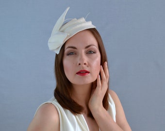 Ivory Velour Felt Fascinator with Quill - Ivory Fascinator - Ivory Headpiece - Bridal Fascinator - Bridal Hat -Christening Hat