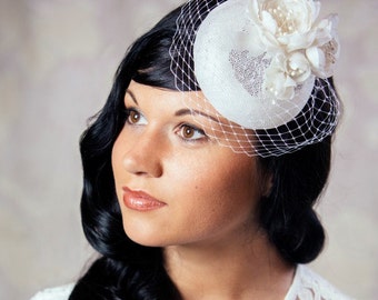 DANIELLE - Bridal Pillbox Hat with Silk Flowers and Birdcage Veil - Bridal Fascinator - White Wedding Hat - White Birdcage Veil