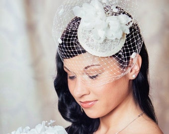 Cream Bridal Fascinator with Silk Flowers and Birdcage Veil - Bridal Fascinator - Ivory Wedding Hat - Bridal Hat - Veil Fascinator