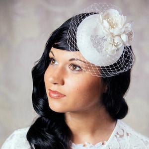 DANIELLE - Bridal Pillbox Hat with Silk Flowers and Birdcage Veil - Bridal Fascinator - White Wedding Hat - White Birdcage Veil