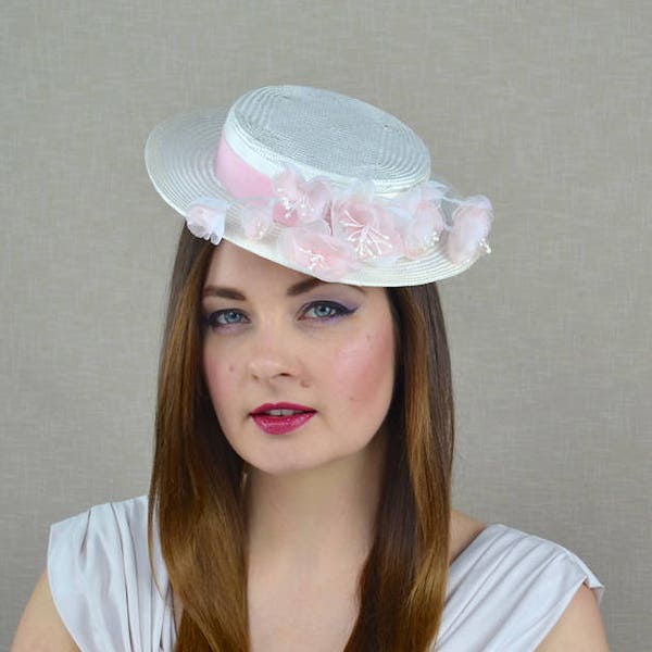 OPHELIE - Ivory Boater Hat with Pink and Ivory Silk Flowers - Ivory Wedding Hat - Bridal Hat - Mother of the Bride Hat -  Races hat