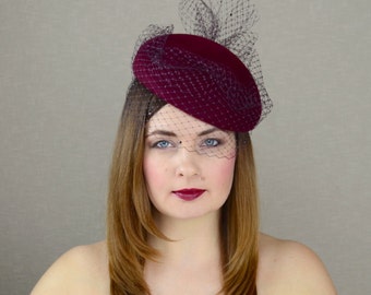 Burgundy Pillbox Hat with Birdcage Veil - Red Wine Fascinator - Red Wine Cocktail Hat -Church Hat - Christening Hat - Races Hat