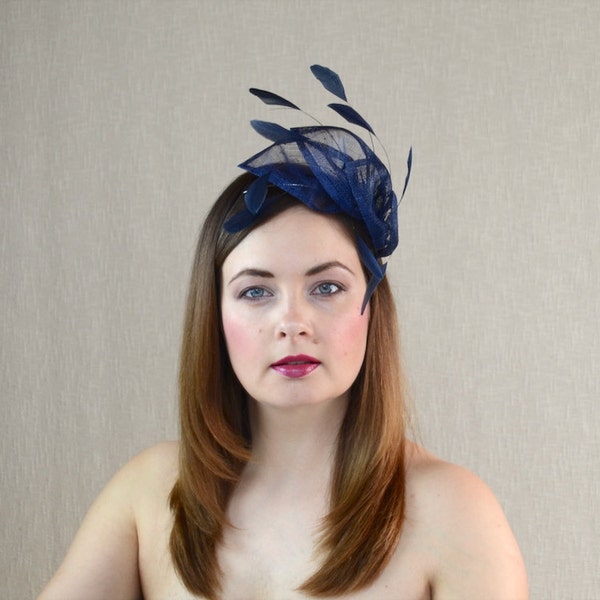 Navy Blue Sinamay and Feather Fascinator - Dark Blue Fascinator - Art Deco - Bridesmaid Fascinator