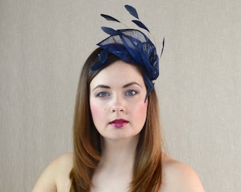 Navy Blue Sinamay and Feather Fascinator - Dark Blue Fascinator - Art Deco - Bridesmaid Fascinator