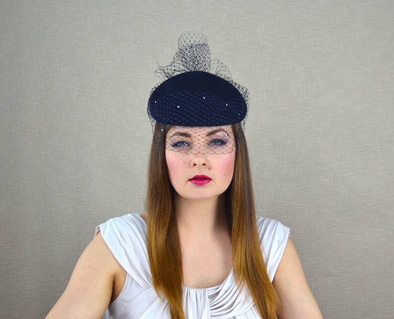 Navy Blue Felt Pillbox Hat With Birdcage Veil Blue Etsy