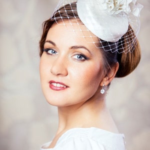 White Bridal Pillbox Hat with Birdcage Veil and Silk Flowers White Bridal Fascinator White Wedding Hat White Birdcage Veil Hat image 5