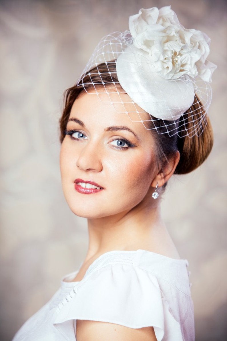 White Bridal Pillbox Hat with Birdcage Veil and Silk Flowers White Bridal Fascinator White Wedding Hat White Birdcage Veil Hat image 5