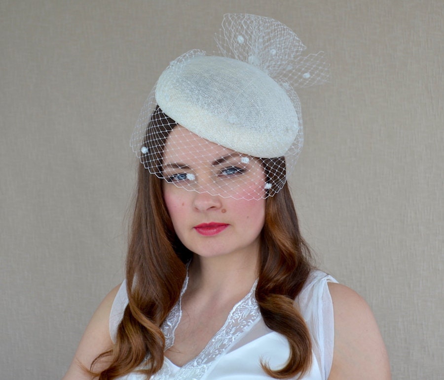 Ivory Pillbox Hat With Birdcage Veil 